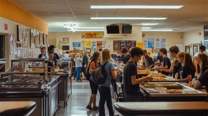 A large cafeteria full of young people sitting at tables and eating.
