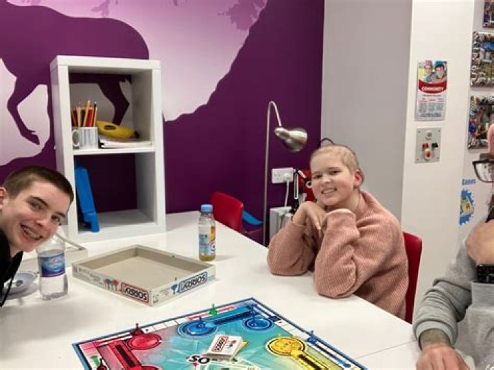 A table with a board game and young people sitting around it.